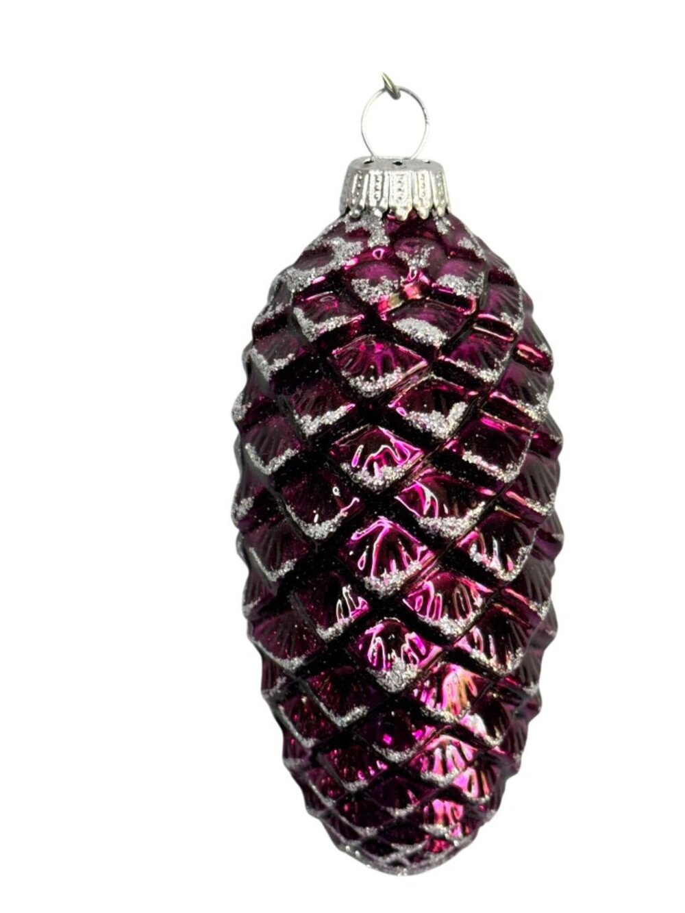 Vintage German Amethyst Pinecone Glass Christmas Ornament Silver Glitter 4" - Picture 4 of 6